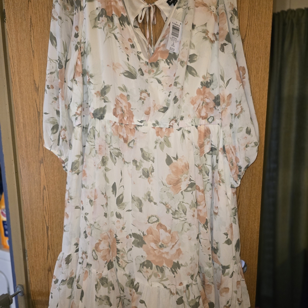 Torrid Floral Long Sleeve Dress in Cream and Peach